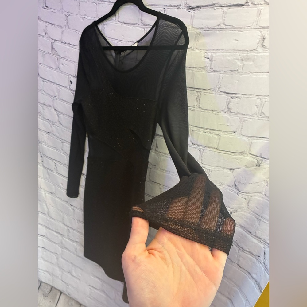 Just Me Women’s Black Long Sleeve Mesh Cut Out Sparkly Mini Clubbing Dress Sz L - Picture 3 of 9